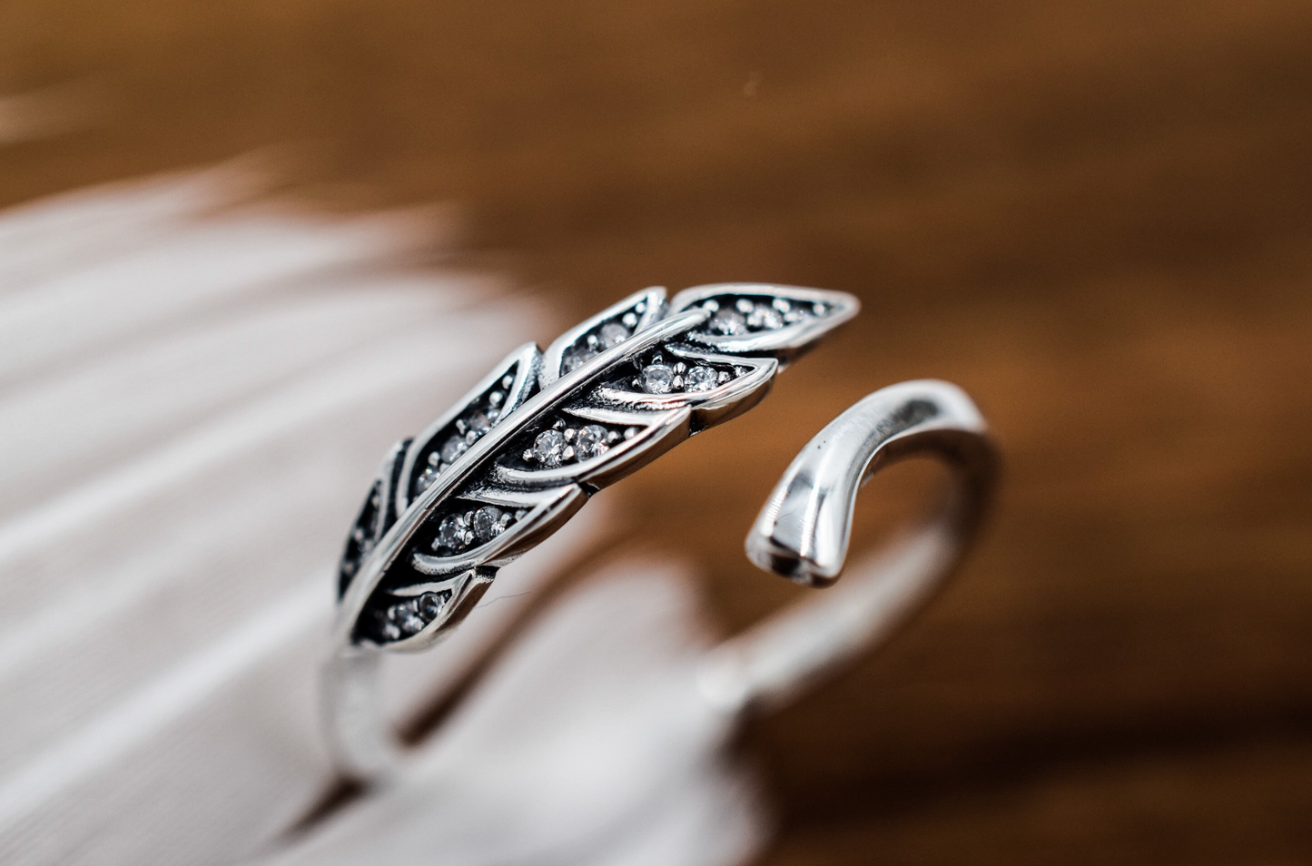 S925 Zirconia Crystal Feather Ring