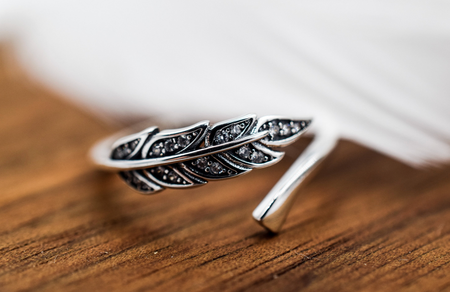 S925 Zirconia Crystal Feather Ring