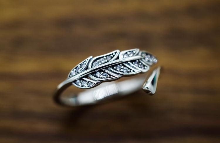 S925 Zirconia Crystal Feather Ring