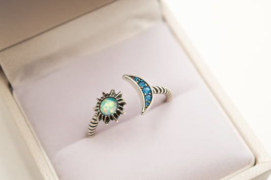Sun and Moon Ring – 925 Sterling Silver Adjustable Band