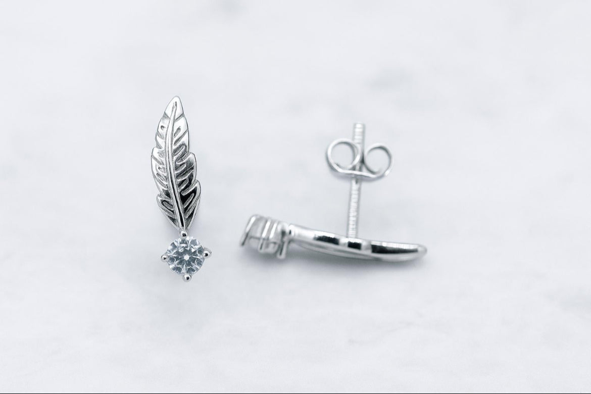 Feather Stud Crystal Gem Earrings